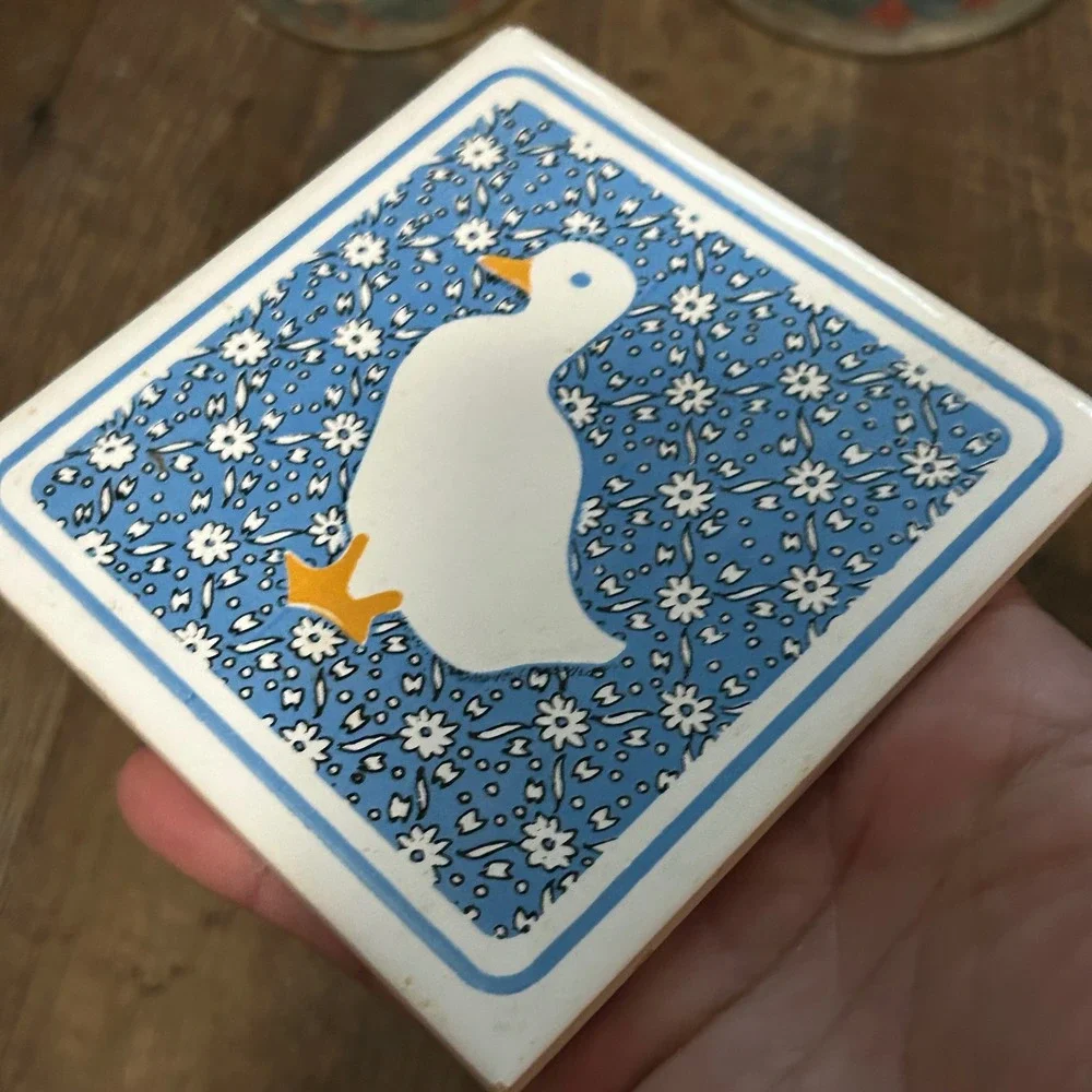 Vintage Country Goose Kitchen Set 2 Metal Tins and 1 Ceramic Trivet Blue Ribbon